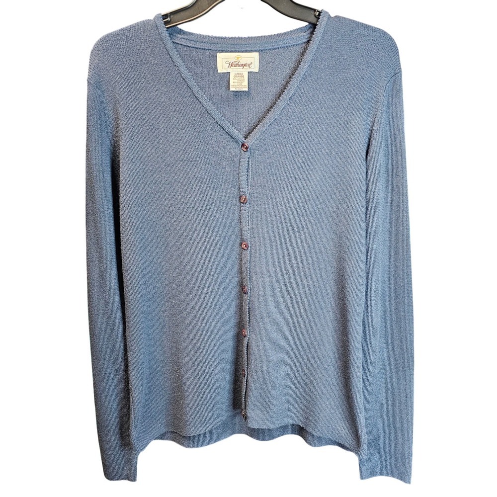 VTG Worthington Blue V-Neck Button Front Cardigan Sweater Womens Large